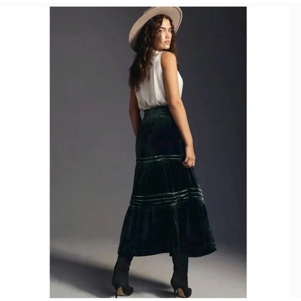Anthropologie Velvet Tiered Skirt SMALLGreen Whimsigoth Holiday Boho Pockets - Picture 2 of 8